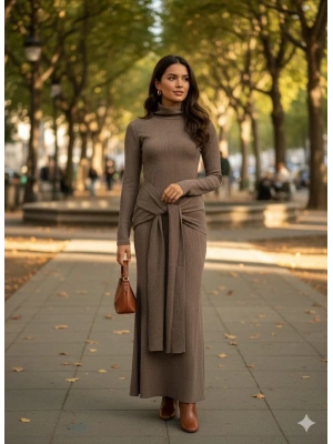 Kendinden kemerli uzun elbise vizon