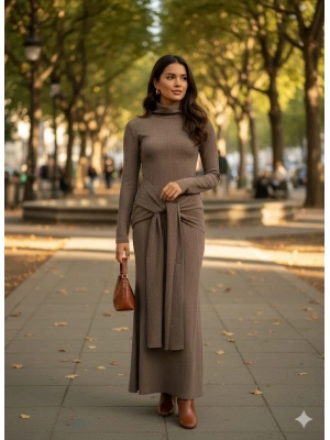 Kendinden kemerli uzun elbise vizon