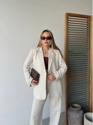 Keten Ceket Pantolon İlik Düğmeli Uzun Kollu Yırtmaçlı ikili Takım - Beyaz