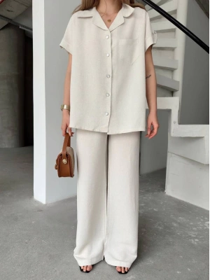 Keten Kısa Kollu Cepli Gömlek Pantolon ikili Takım - Beyaz