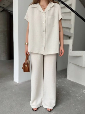 Keten Kısa Kollu Cepli Gömlek Pantolon ikili Takım - Beyaz