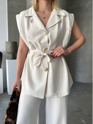 Keten Sıfır Kol Kuşaklı Ceket Pantolon ikili Takım - Beyaz