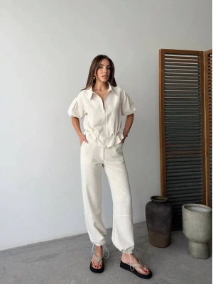 Keten Tam Fermuarlı Kısa kollu Gömlek Pantolon ikili Takım - Beyaz