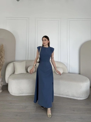 Keten Yandan Yırtmaçlı Uzun Elbise Sıfır Kol Elbise - Mavi