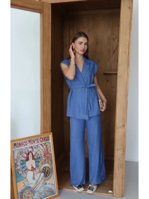 Keten yelek pantolon takım indigo pt