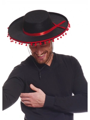 Kırmızı Ponponlu Siyah Renk Yetişkin İspanyol Şapkası