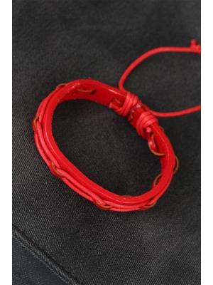 Kırmızı Renk Ayarlamalı İpli Deri Erkek Bileklik