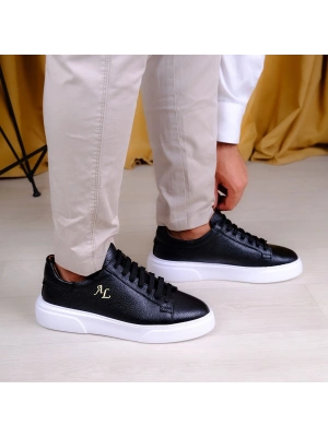 Kişiselleştirilebilir Kalın Ortopedik Tabanlı %100 Deri Sneaker Spor Ayakkabı - Siyah - Beyaz