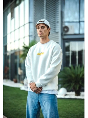 Kışlık Bisiklet Yaka Baskılı SweatShirt - Beyaz