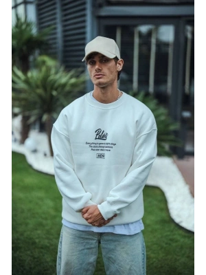 Kışlık Bisiklet Yaka Ön Ve Arka Baskılı SweatShirt - Beyaz