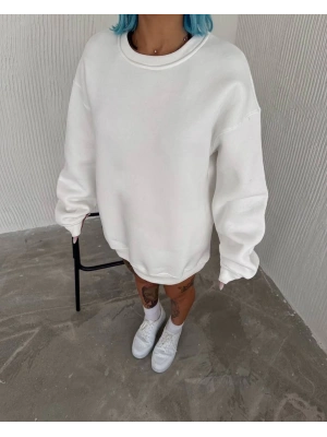 Kışlık Bisiklet Yaka Üç İplik Basic SweatShirt - Beyaz