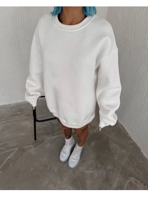 Kışlık Bisiklet Yaka Üç İplik Basic SweatShirt - Beyaz