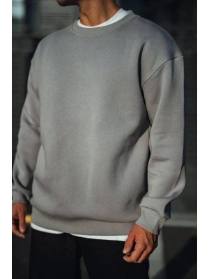 Kışlık Bisiklet Yaka Üç İplik Basic SweatShirt - Boyalı Gri
