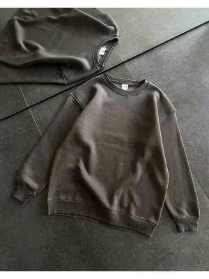 Kışlık Bisiklet Yaka Üç İplik Basic SweatShirt - Füme