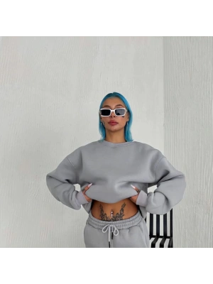 Kışlık Bisiklet Yaka Üç İplik Basic SweatShirt - Gri