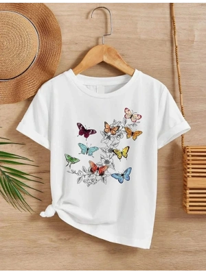 Kız Çocuk Bisiklet Yaka Baskılı T-Shirt - Beyaz