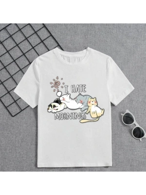 Kız Çocuk Bisiklet Yaka Baskılı T-Shirt - Beyaz