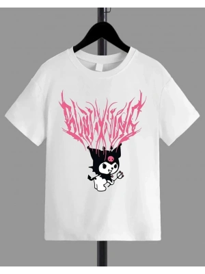 Kız Çocuk Bisiklet Yaka Baskılı T-Shirt - Beyaz