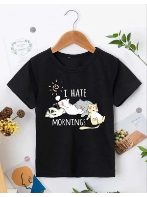 Kız Çocuk Bisiklet Yaka Baskılı T-Shirt - Siyah