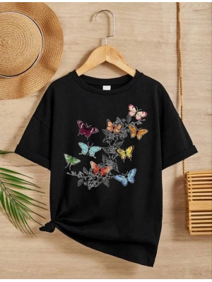 Kız Çocuk Bisiklet Yaka Baskılı T-Shirt - Siyah