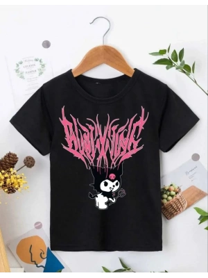 Kız Çocuk Bisiklet Yaka Baskılı T-Shirt - Siyah