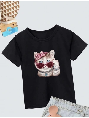 Kız Çocuk Bisiklet Yaka Baskılı T-Shirt - Siyah