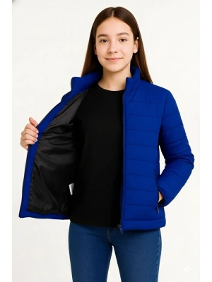 Kız Çocuk Şişme Mont Hafif ve Sıcak Tutucu Kışlık Fermuarlı Su İtici Rahat Günlük Mont Kapüşonuz Modern Tasarım - Saks Mavisi