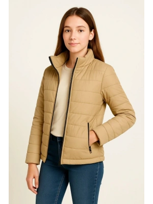 Kız Çocuk Şişme Mont Hafif ve Sıcak Tutucu Kışlık Fermuarlı Su İtici Rahat Günlük Mont Kapüşonuz Modern Tasarım - Bej