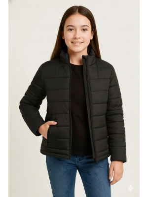 Kız Çocuk Şişme Mont Hafif ve Sıcak Tutucu Kışlık Fermuarlı Su İtici Rahat Günlük Mont Kapüşonuz Modern Tasarım - Siyah