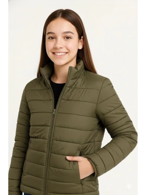 Kız Çocuk Şişme Mont Hafif ve Sıcak Tutucu Kışlık Fermuarlı Su İtici Rahat Günlük Mont Kapüşonuz Modern Tasarım - Haki