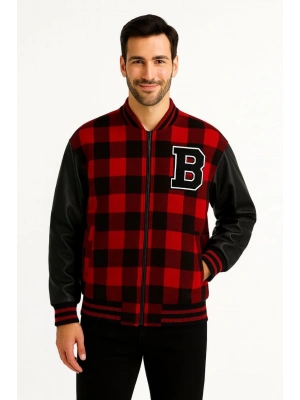 Erkek Kolej Ceket – Kareli Oduncu Kumaş, Kolları Suni Deri, Fermuarlı, İçi Kapitone Astarlı, Nakışlı Oversize Bahar & Kış Stil - Bordo