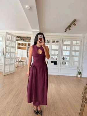Kolsuz Uzun Kabardin Elbise - Bordo