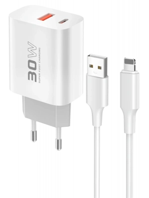 Konfulon C89Q 1 Adet 30W Type-C ve 1 Adet 22.5W USB Çıkışlı Ekstra DL48 1M USB to Lightning Kablolu PD Şarj Cihazı - Beyaz