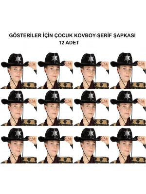 Kovboy Şerif Şapkası Siyah 12 Adet - Kostüm, Parti ve Gösteri Şapkası