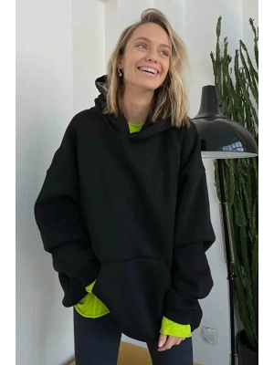 Koyu Siyah Kapüşonlu Şardonlu Oversize Sweatshirt MG1566