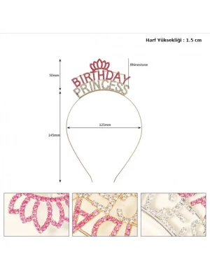 Kristal Taşlı Pembe Birthday Princess Yazılı Parti Tacı 19x11 cm