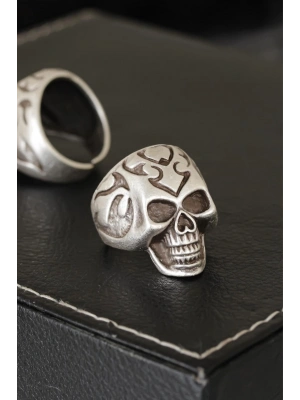 Kuru Kafa Tasarımlı Eskitme Gümüş Desenli Ayarlamalı Model Erkek Yüzük