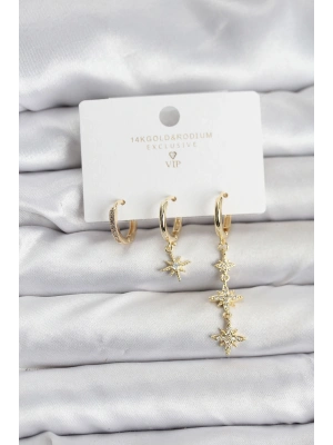 Kutup Yıldızı Model Gold Renk Pirinç 3lü Kadın Küpe Seti
