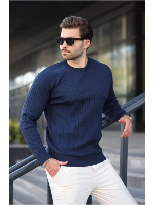 Lacivert Bisiklet Yaka Çizgili Uzun Kollu Kazak E7273