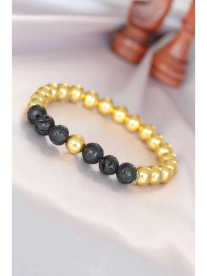 Lav Doğal Taş Detaylı Hematit Gold Renk Erkek Bileklik