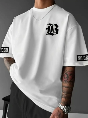 LB Baskılı Ön Arka Oversize Bisiklet Yaka Kısa Kol T-shirt - Beyaz