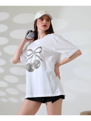 Leopar desenli kiraz baskılı tişört