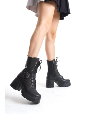 Linma Siyah Cilt Bağcıklı Topuklu Bot
