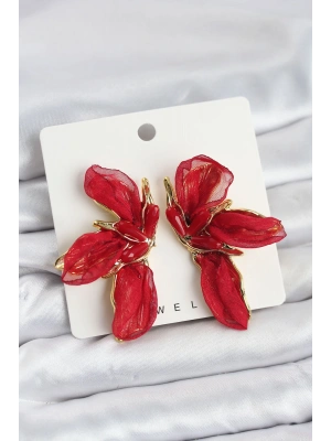 Lotus Model Kırmızı Renk Tüllü Kadın Küpe