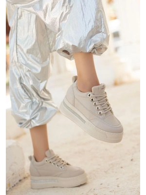 Lulu Bej Cilt Bağcıklı Spor Ayakkabı