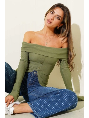 Madonna Yaka Düğmeli Bluz yeşil t4329