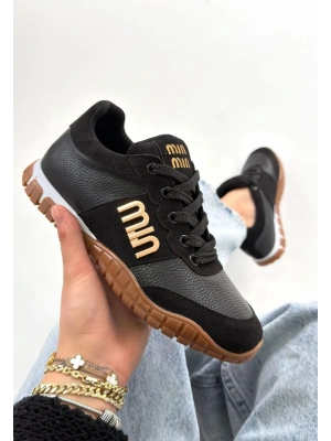 Marje Siyah Cilt Bağcıklı Spor Ayakkabı