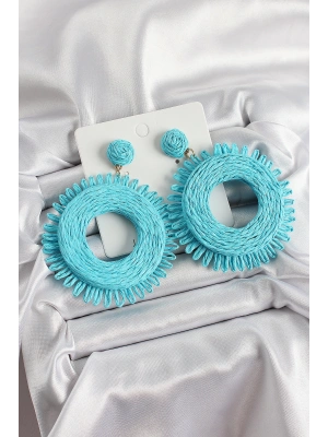 Mavi Püsküllü Halka Figürlü Hasır Örgü Model Gold Renk Kadın Küpe