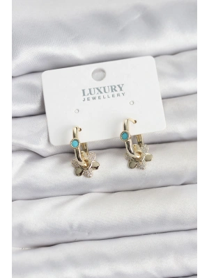 Mavi Taş Detaylı Pirinç Gold Renk Kadın Göçmen Küpesi