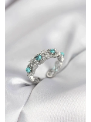 Mavi Taşlı Gümüş Renk Vintage Kadın Yüzük